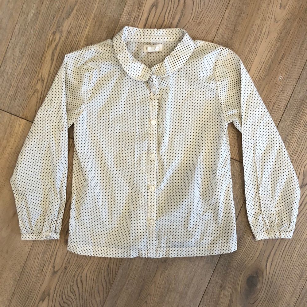 Olive Juice Long Sleeved Button Up Collared Blouse, White w/ Black Dots, Girls 6